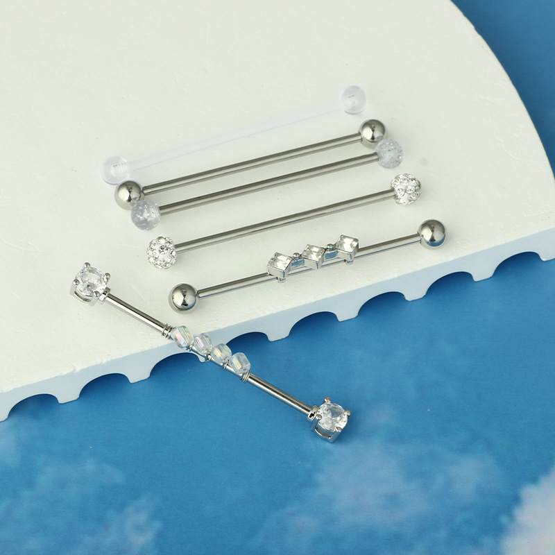 316L Surgical Steel Stainless Steel Square Industrial Earring Straight Rod Zircon Flower Long Rod Ear Bridge Nail, Cartilage Piercing Jewelry - Image 4