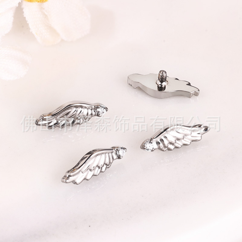 F136 Titanium Alloy Earrings with Diamonds Angel Wings Flat Back Studs - Image 3