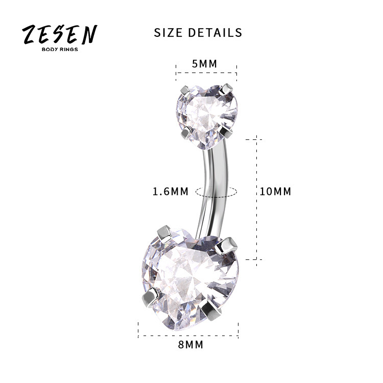 Heart-Shaped CZ Belly Button Ring Stainless Steel Double Head Dangle Navel Piercing Jewelry - Image 5