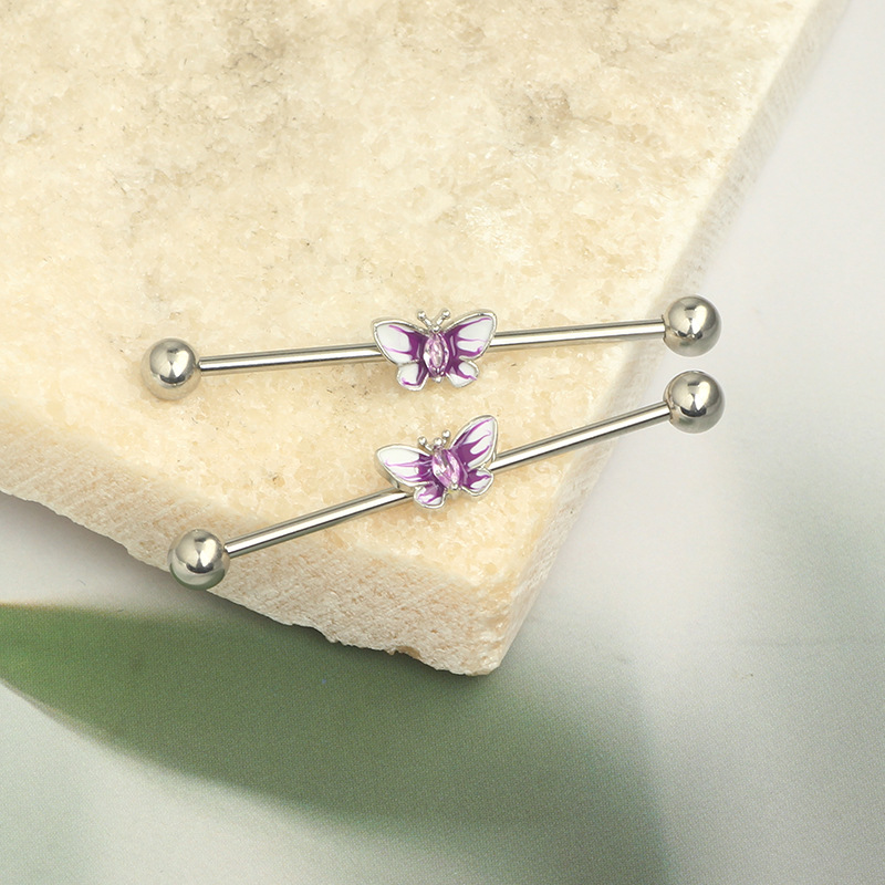14G Industrial Barbell Ear Studs External Thread Drop Oil Butterfly Ear Bridge Double Ear Hole Straight Rod Pearl Ear Studs - Image 4