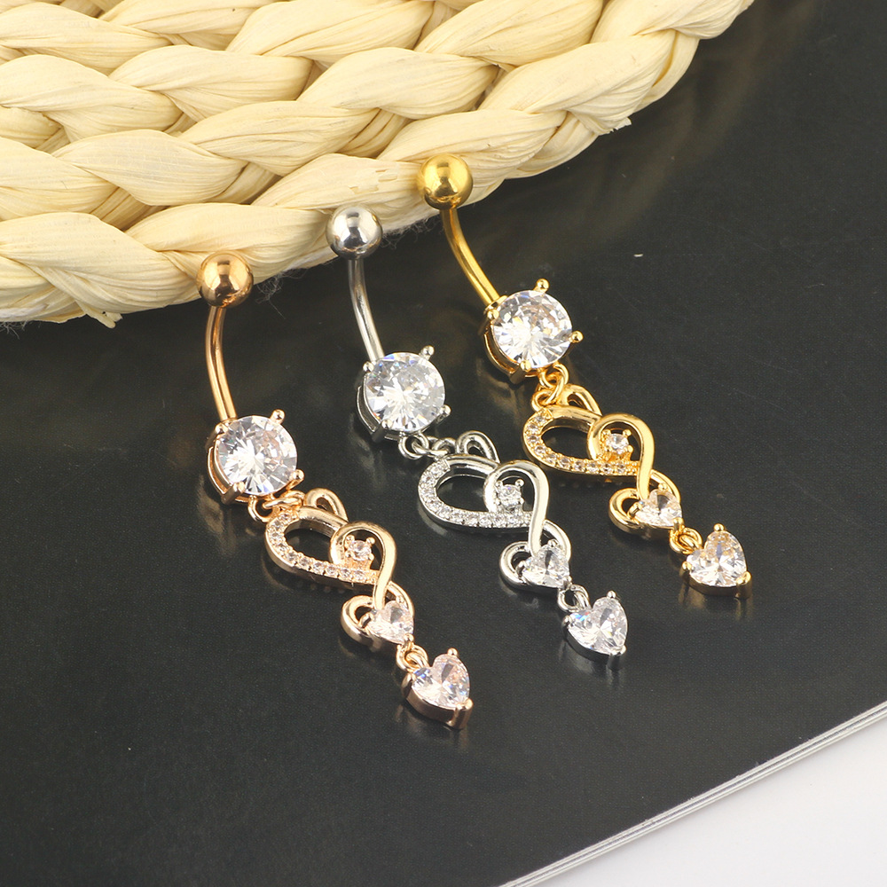Double Heart Long Zircon Belly Button Ring Navel Piercing Jewelry Rose Gold - Image 2
