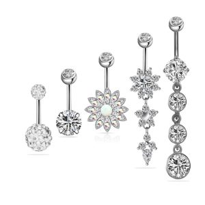 5 Piece Stainless Steel Zircon Diamond Navel Ring Set with Opal and Opalite Balls - Rose Gold