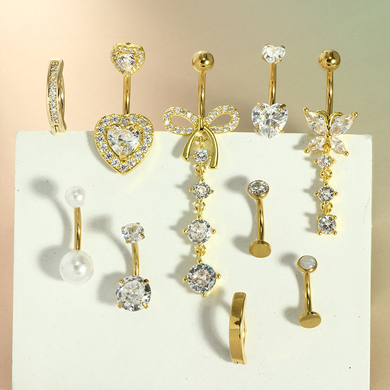 10-Piece Pink Peach Heart Butterfly Navel Ring Belly Button Piercing Jewelry Set - Image 3