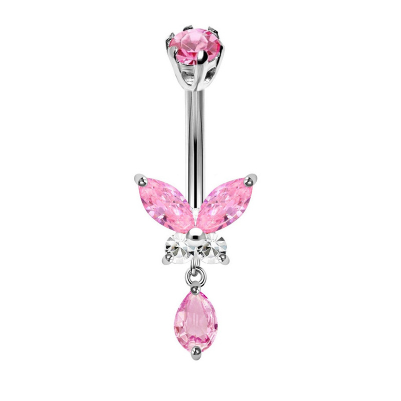 Stainless Steel Heart Zircon Butterfly Navel Ring - Pink Series Belly Button Piercing Jewelry - Image 4