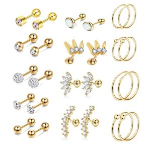 Rose Gold Stainless Steel Diamond Geometric Earring Set for Women - Cartilage Stud Ear Bone Clip