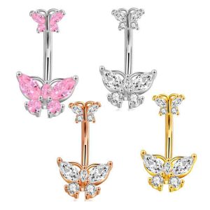 New Stainless Steel CZ Butterfly Navel Ring - Silver Pink Zircon Belly Button Ring for Women