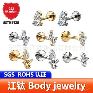 G23 Titanium Stone-Shaped Lip Piercing Ear Stud - Gold 1.2x10mm ASTM F136 Alloy Body Jewelry