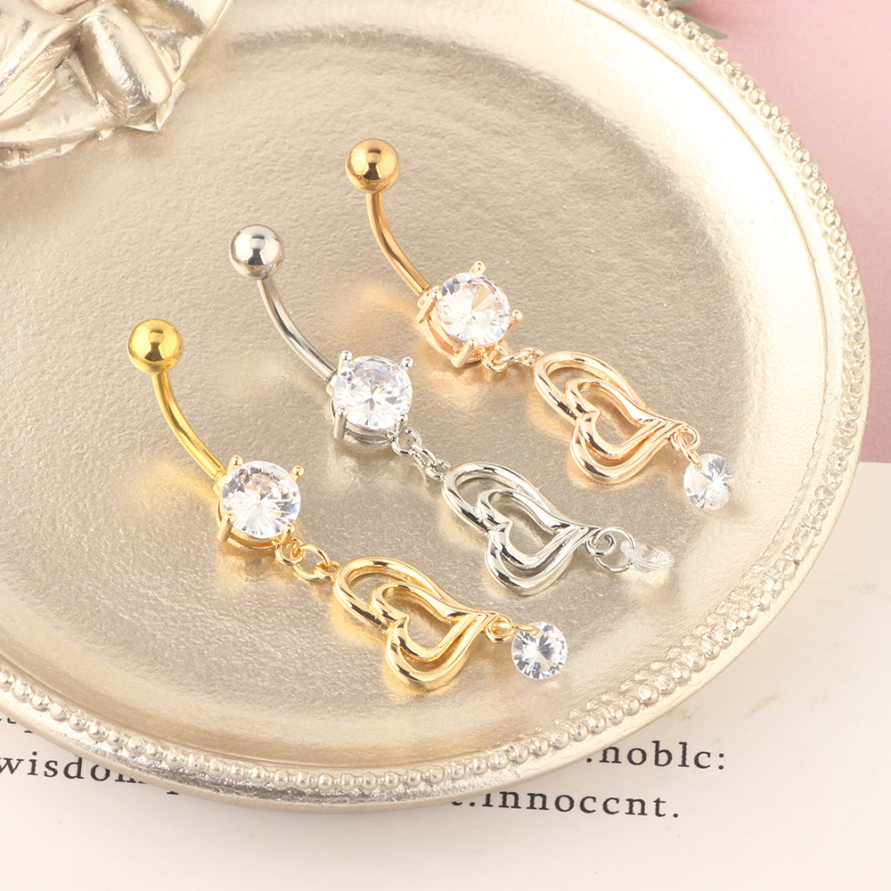 Long Double-Heart Stainless Steel Belly Button Ring with Heart-Shaped Zircon, European American Fashion Body Piercing - Image 5