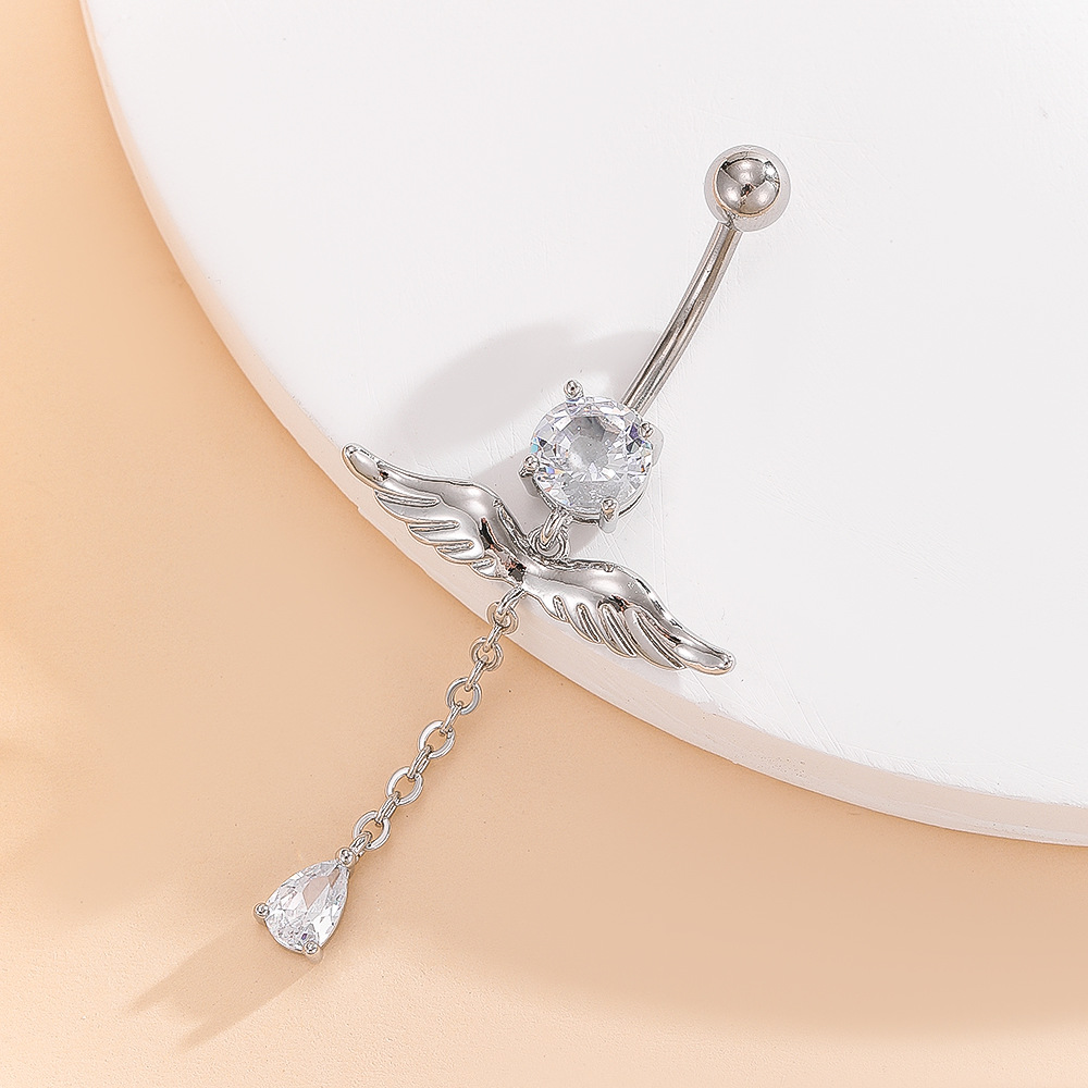 Gold Copper Inlaid Zircon Angel Wing Stainless Steel Pendant Belly Button Ring - Image 3