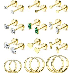 Stainless Steel Green Zircon Ear Bone Clip Ear Ring Heart Five-Pointed Star Fashion Earrings Set