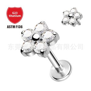 G23 Titanium Alloy Flower Inlaid Zircon Ear Cartilage Stud Earring Body Piercing Jewelry
