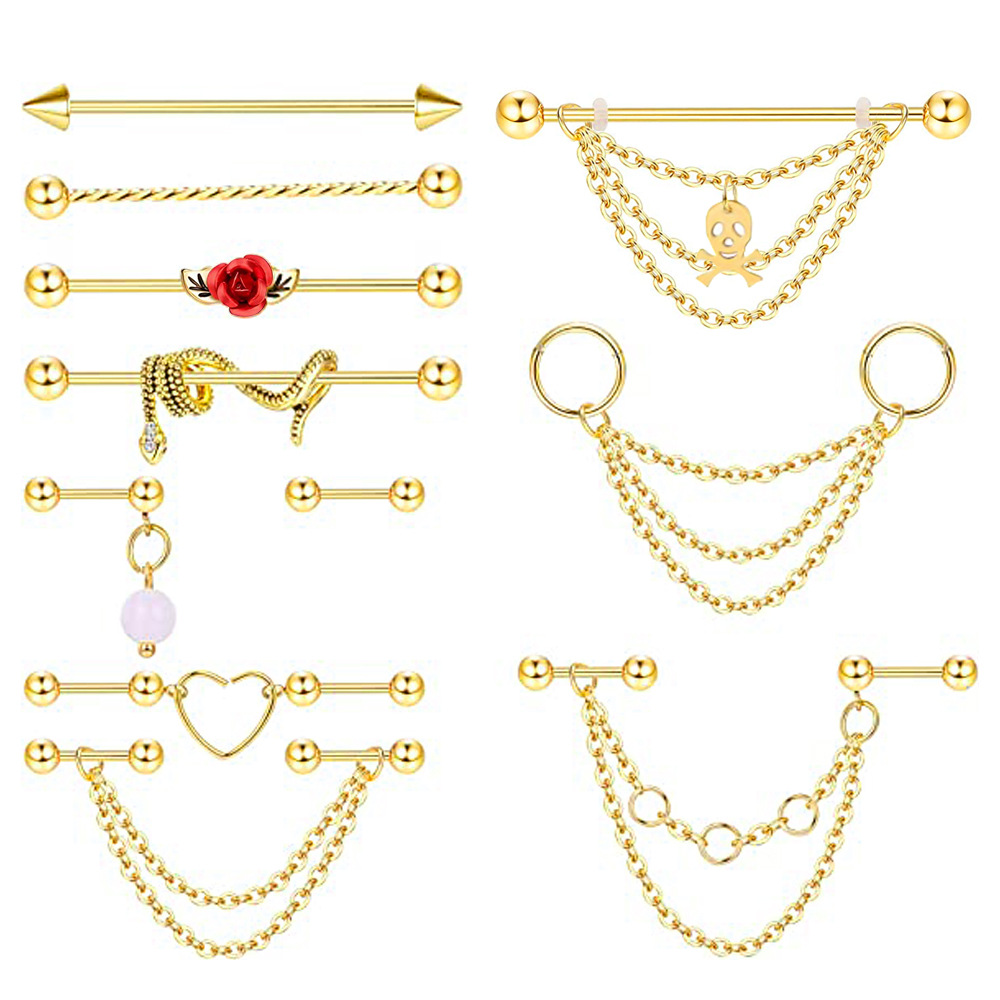 Industrial Ear Bone Nail Set Nine Treasure Flowers Snake Chain Earrings - Rose Gold Stainless Steel Piercing Earrings - Image 4