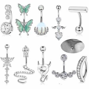 Amazon New Inlaid Zircon Love Belly Button Ring Butterfly Inverted Belly Button Nail Snake Belly Button Ring Piercing Jewelry 10 Pieces