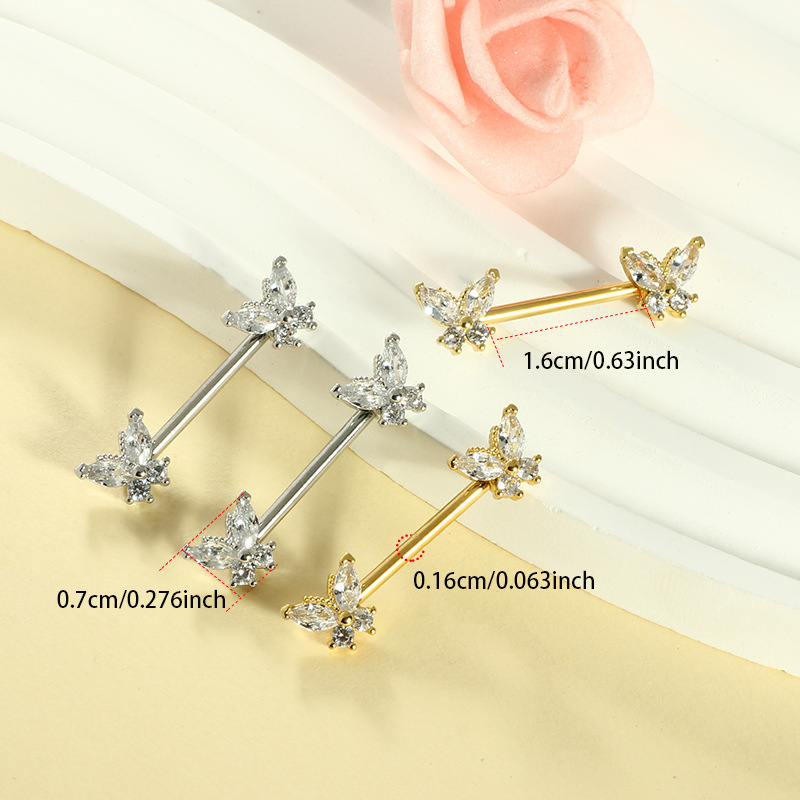 Butterfly White Zircon Nipple Ring Stainless Steel Simple Style Body Jewelry Pair - Image 2