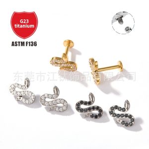 G23 Titanium Ear Bone Nail Snake-Shaped Zircon Cartilage Stud Earring Body Piercing Jewelry