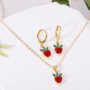 Fruit Earring Necklace Set Colorful CZ Zircon Earrings Grape Cherry Piercing Jewelry Gold