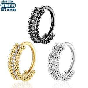 F136 Implant Grade Titanium Alloy Nose Ring Seamless Ring Side Zircon Double Row Welded Ball Hinge Perforated Earrings Cartilage Ring