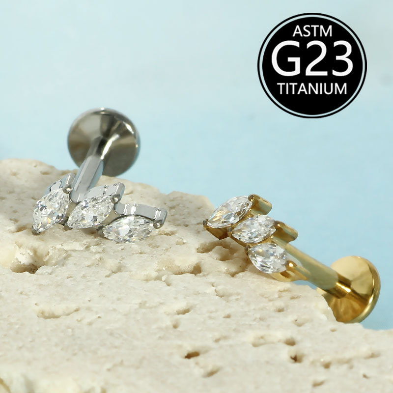 G23 Titanium Leaf Marquise Zircon Lip Stud 1.2mm Rod Internally Threaded Labret Piercing Jewelry - Image 4