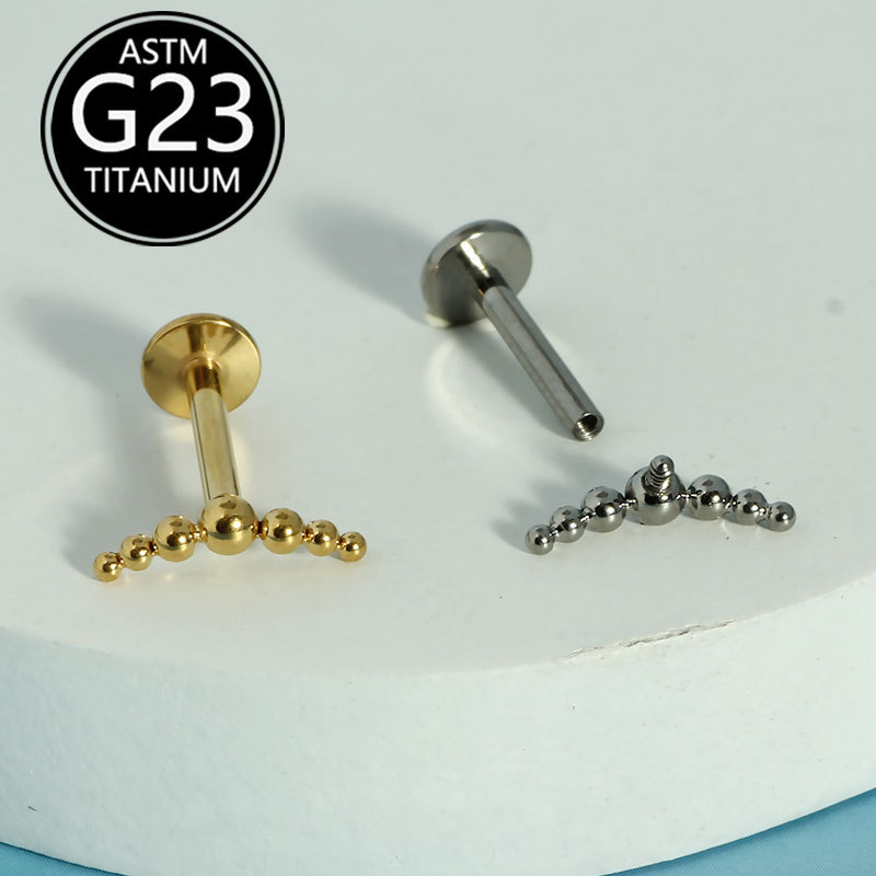 G23 Titanium Internally Threaded Lip Stud with Seven Beads Round Top 6-10mm - Image 5