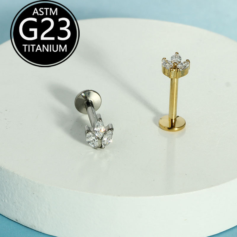 F136 Titanium Alloy Marquise Zirconia Internally Threaded Ear Studs, Cartilage Studs, G23 Titanium Lip Studs, Nose Studs - Piercing Jewelry in Stock - Image 2