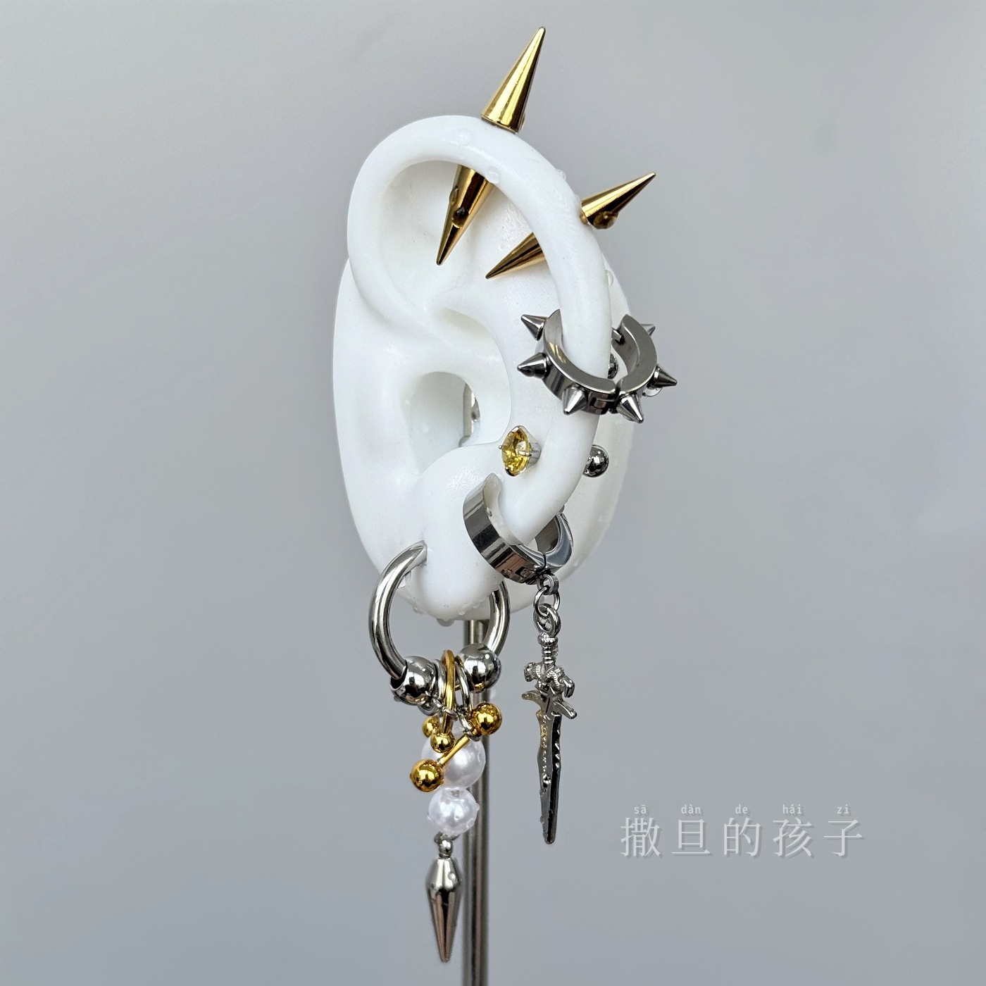 Satan's Child Golden Knight Letter Stud Earrings Punk Subculture Ear Piercing Jewelry Titanium Steel - Image 3