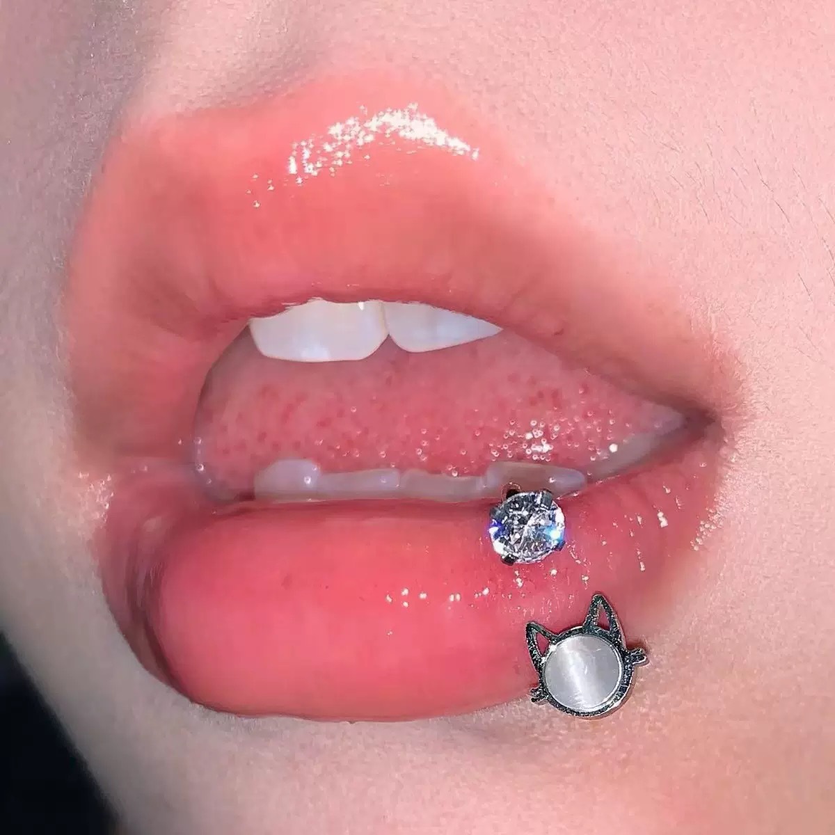 Cat Eye Stone Lip Ring 12mm Internally Threaded Titanium Steel Lip Hoop CZ Zircon Pink - Image 3