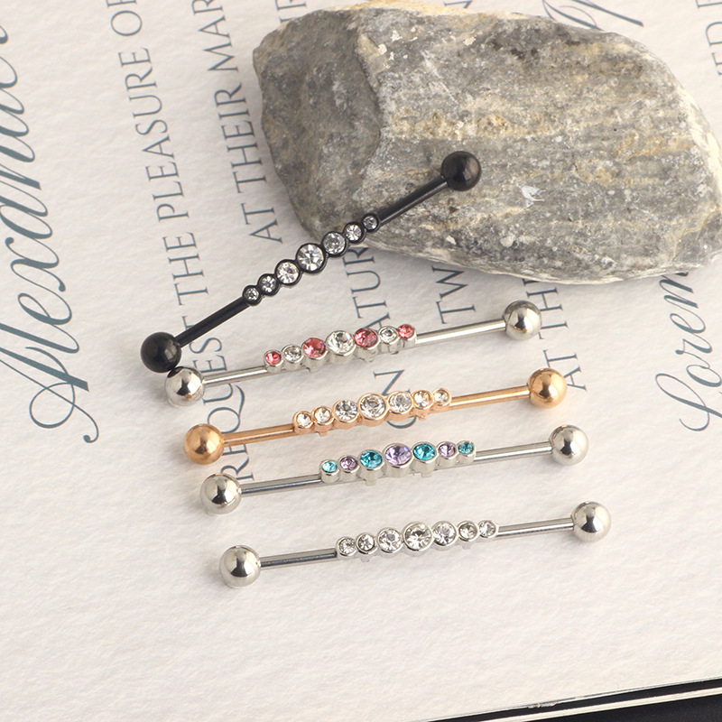 14G External Thread Industrial Barbell Earrings - 7-Drill Zircon Ear Bridge Double Hole Straight Rod for Piercing - Image 5