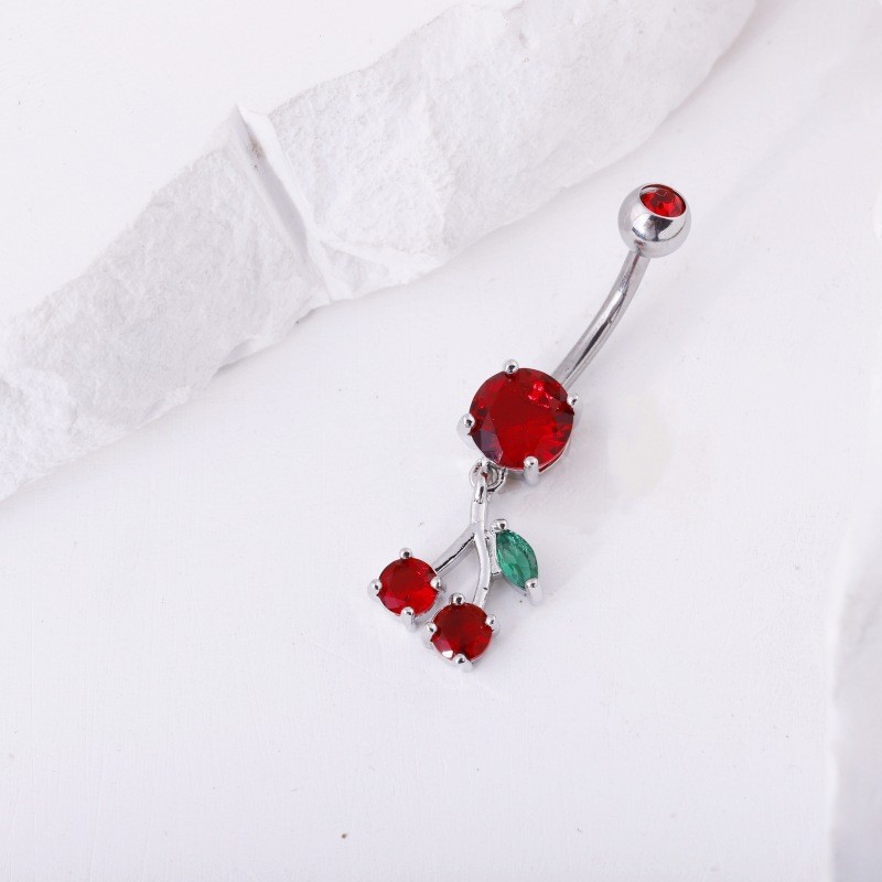Big Red Cherry Navel Ring Dangle Belly Button Piercing Jewelry Fruit Pendant Belly Ring - Image 2