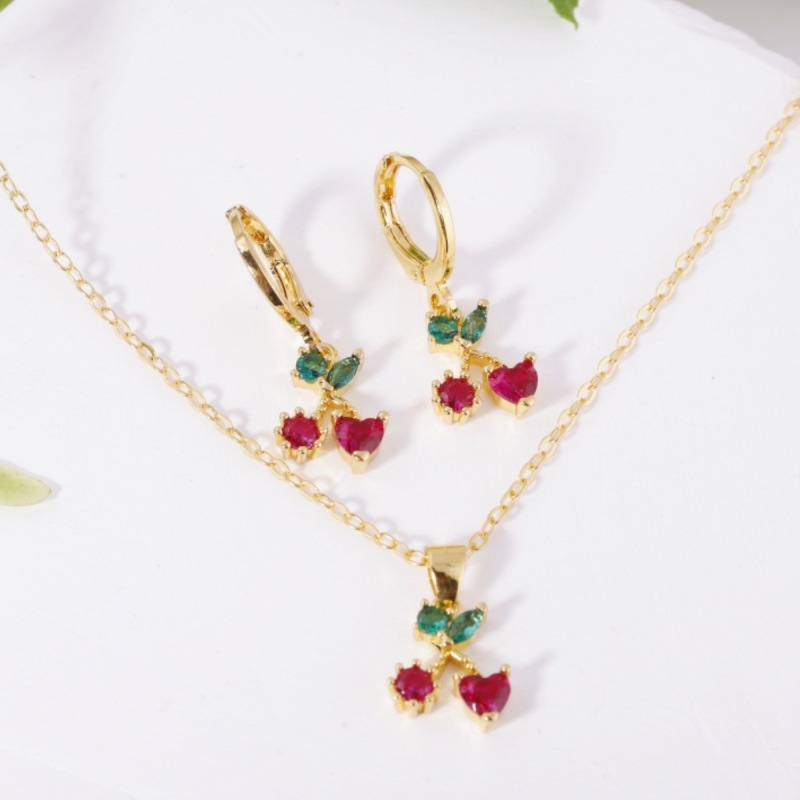 Fruit Earring Necklace Set Colorful CZ Zircon Earrings Grape Cherry Piercing Jewelry Gold - Image 2