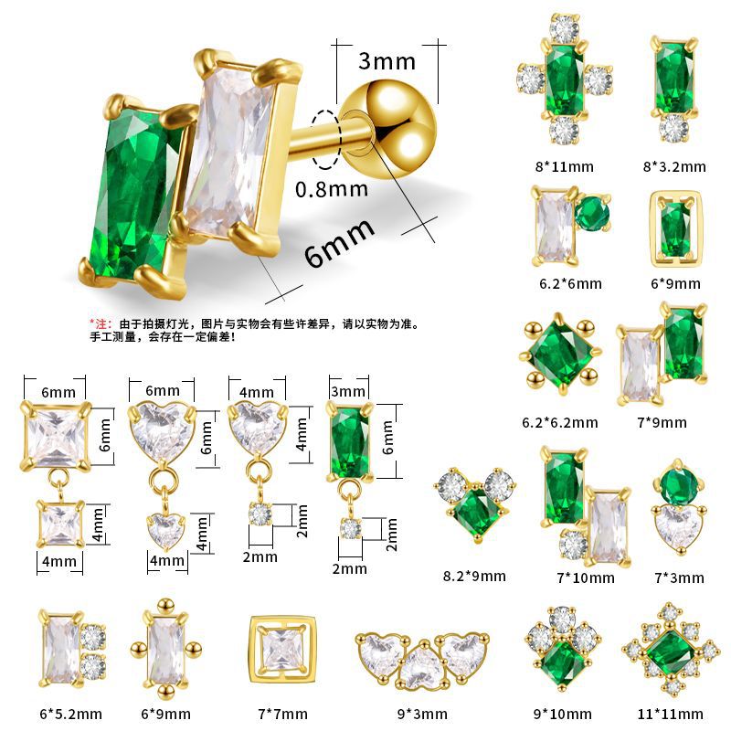 2022 New Emerald Diamond CZ Stainless Steel Earrings Fashion Ear Studs for Women Ear Bone Nail Titanium Steel Ear Pin - Image 5
