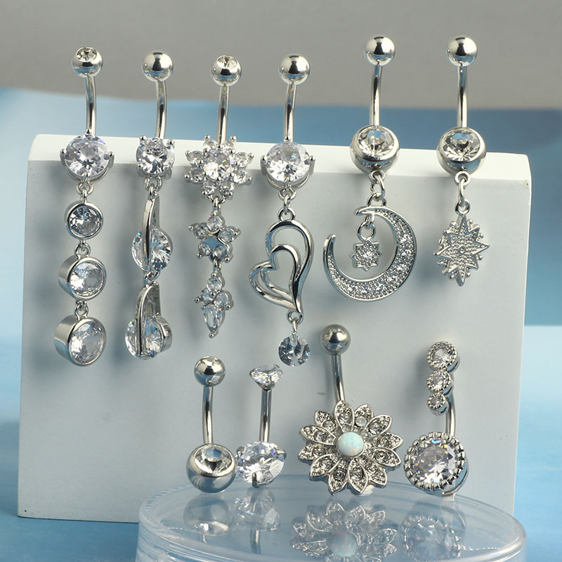 Amazon Hot Sale Love Moon Cubic Zirconia Navel Ring Stainless Steel Belly Button Jewelry 10-Piece Set - Image 4