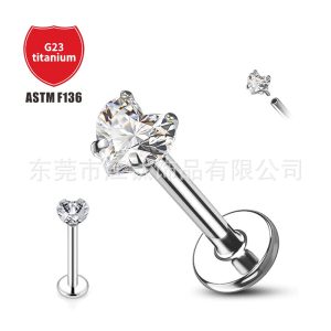 F136 Titanium Zircon Earring Four-Claw Inlaid 5A Heart-Shaped Zircon G23 Titanium Alloy Body Piercing Jewelry Earbone Nail
