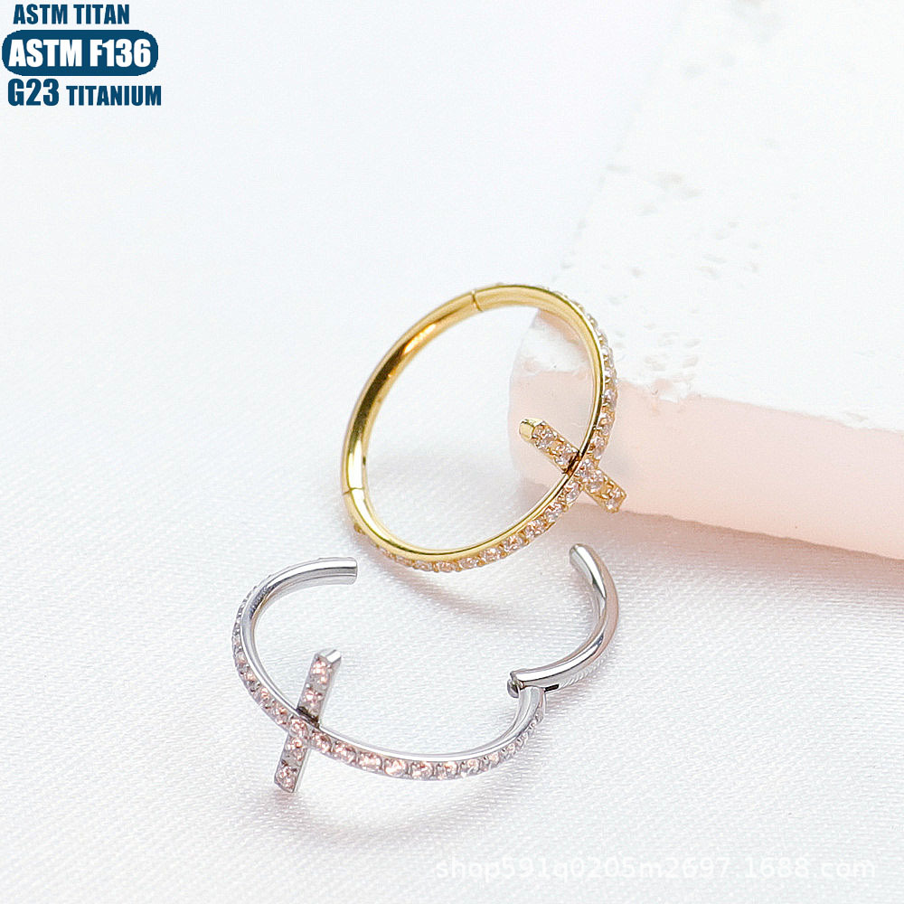 G23 Titanium Seamless Nose Ring with Cross Zircon - Tragus Earring Nasal Septum Ring Rose Gold - Image 2