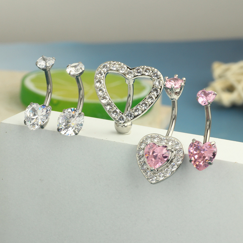 New Heart-Shaped Double Zircon Stainless Steel Navel Ring with Full Diamond Heart Navel Buckle Piercing Accessory - Image 5