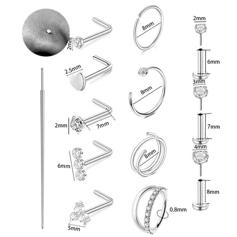 13-Piece Set Stainless Steel Nose Studs Basic Nose Rings Body Piercing Jewelry CZ Heart - Image 5