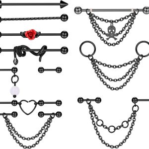 Industrial Ear Bone Nail Set Nine Treasure Flowers Snake Chain Earrings - Rose Gold Stainless Steel Piercing Earrings