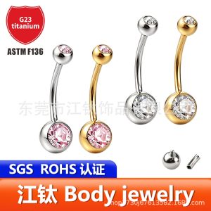 F136 Titanium Inner Thread Navel Ring Double Headed Hemming Zircon Cross-Border G23 Titanium Alloy Body Piercing Jewelry Belly Button Ring