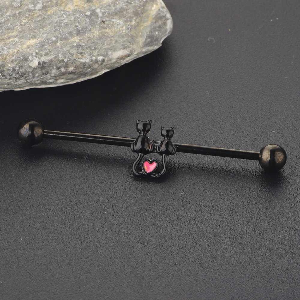 Couple Cat Industrial Barbell Earrings Double Ear Hole Stainless Steel Bridge Ear Studs Ear Bone Ring - Image 2