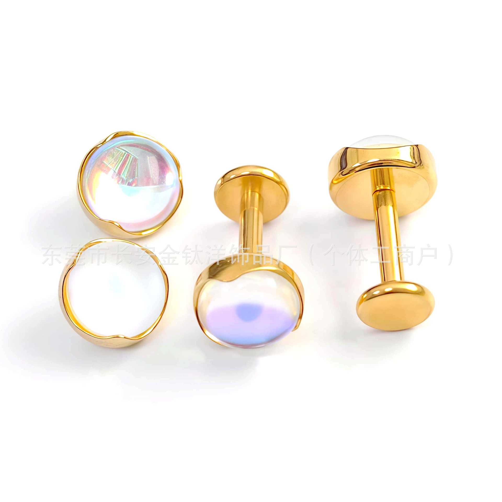 F136 Titanium 18K Gold-Plated Wavy Edge Moonstone Nose Lip Ear Stud Piercing Jewelry - Image 3