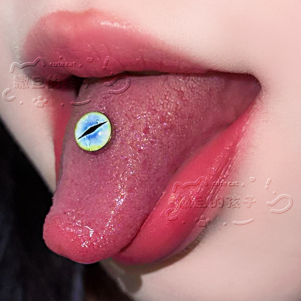 Satan's Children Fiery Twins Tongue Ring 20mm 1.6mm Blue-Green Tongue Barbell Stainless Steel Piercing Jewelry - Image 2