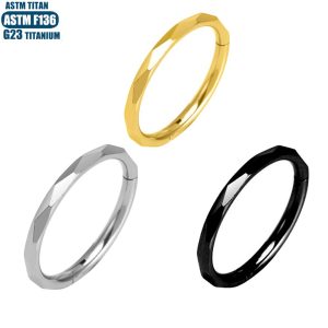Black F136 Titanium Seamless Nose Ring - CNC Carved Diamond Shaped 1.2x10mm Nasal Septum Hoop Earring