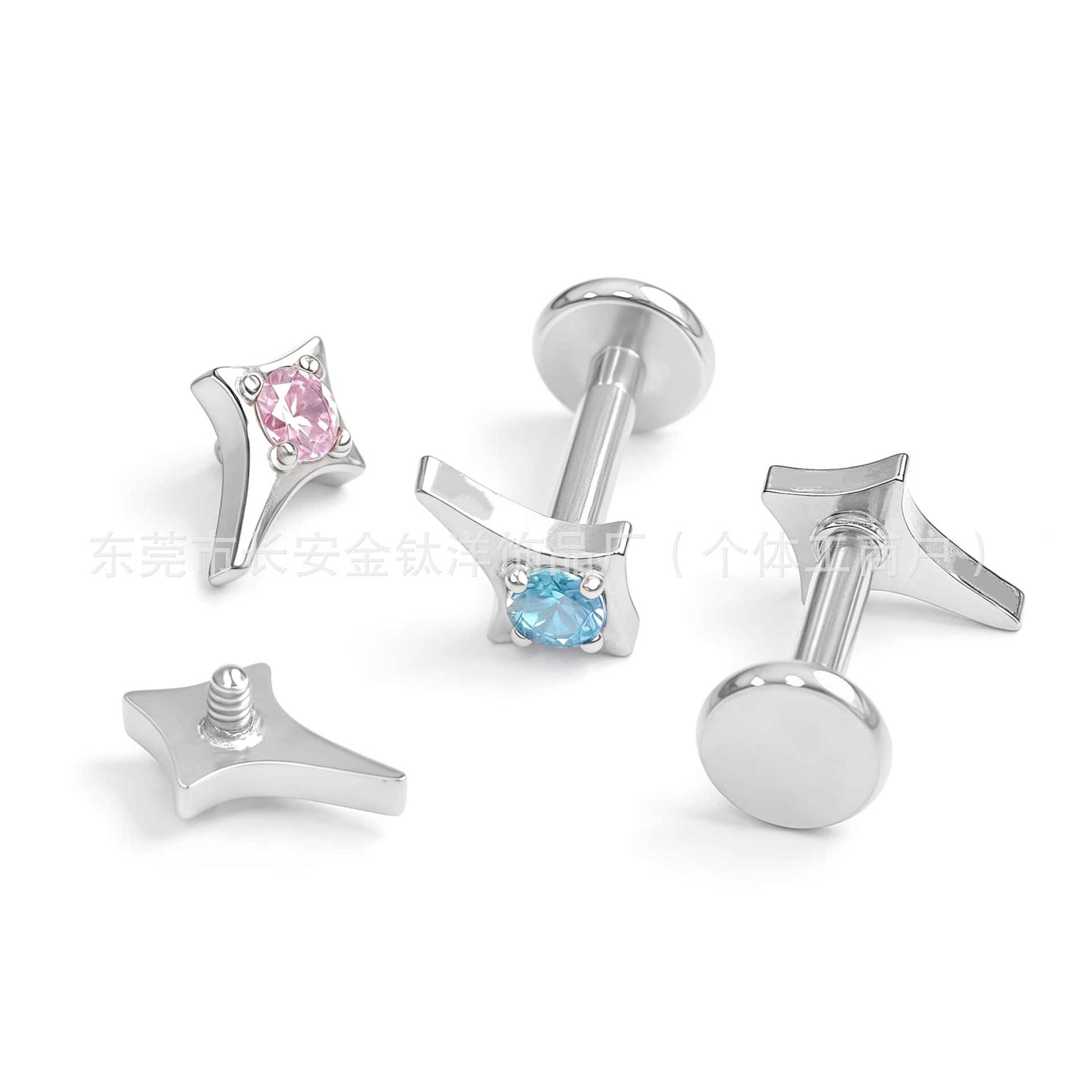 F136 Titanium Four-Pointed Star Inlaid Zircon Ear Cartilage Stud Earrings Nose Studs G23 Alloy Body Piercing Jewelry - Image 3