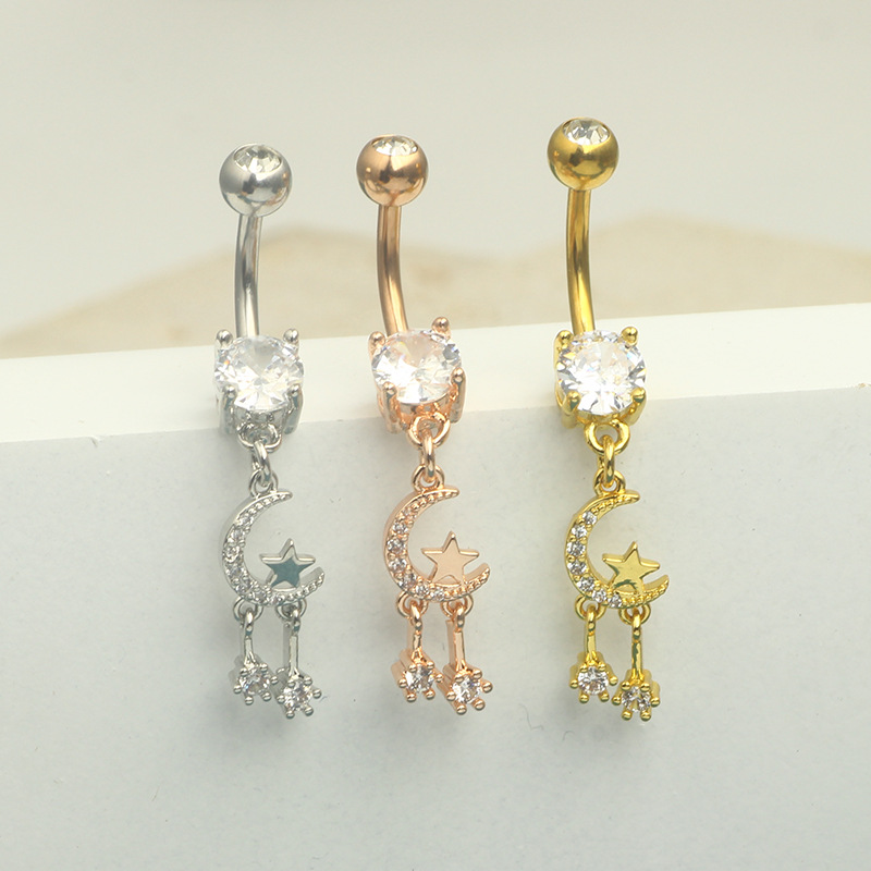 Star Moon CZ Stainless Steel Belly Button Ring Dangle Navel Piercing Jewelry Rose Gold - Image 2
