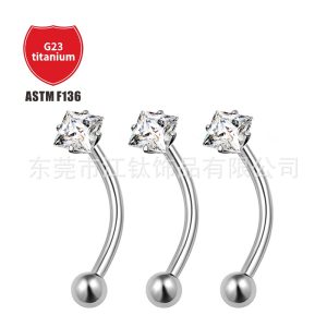 F136 Titanium Eyebrow Barbell Square Zircon Ball Inner Thread Curved Rod G23 Titanium Alloy Body Piercing Jewelry Ear Bone Stud
