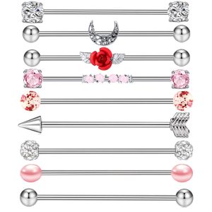 9-Piece Industrial Barbell Set Stainless Steel Geometric Ear Piercing Jewelry Cartilage Hoops