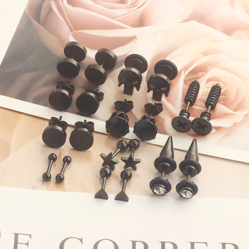 10 Pair Black Stud Round Barbell Earrings Set - Stainless Steel Men's Personality Piercing Studs - Image 4