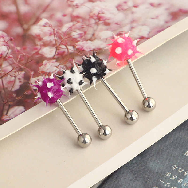Star Shape Stainless Steel Tongue Ring with Fur Ball Design - Wholesale Body Piercing Jewelry - Image 4