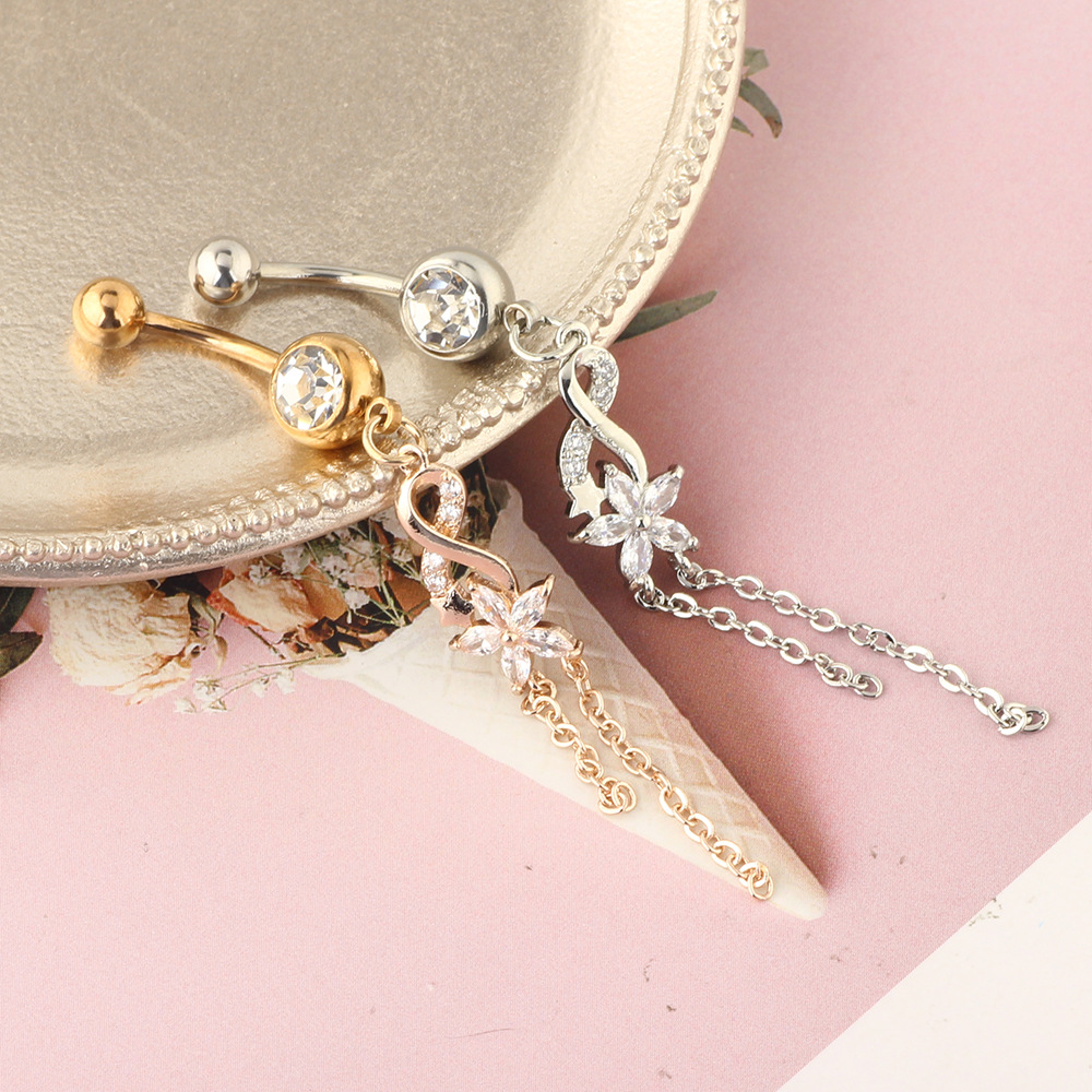 Rose Gold Zircon Flower Belly Button Ring 316L Surgical Steel Navel Piercing Jewelry - Image 4