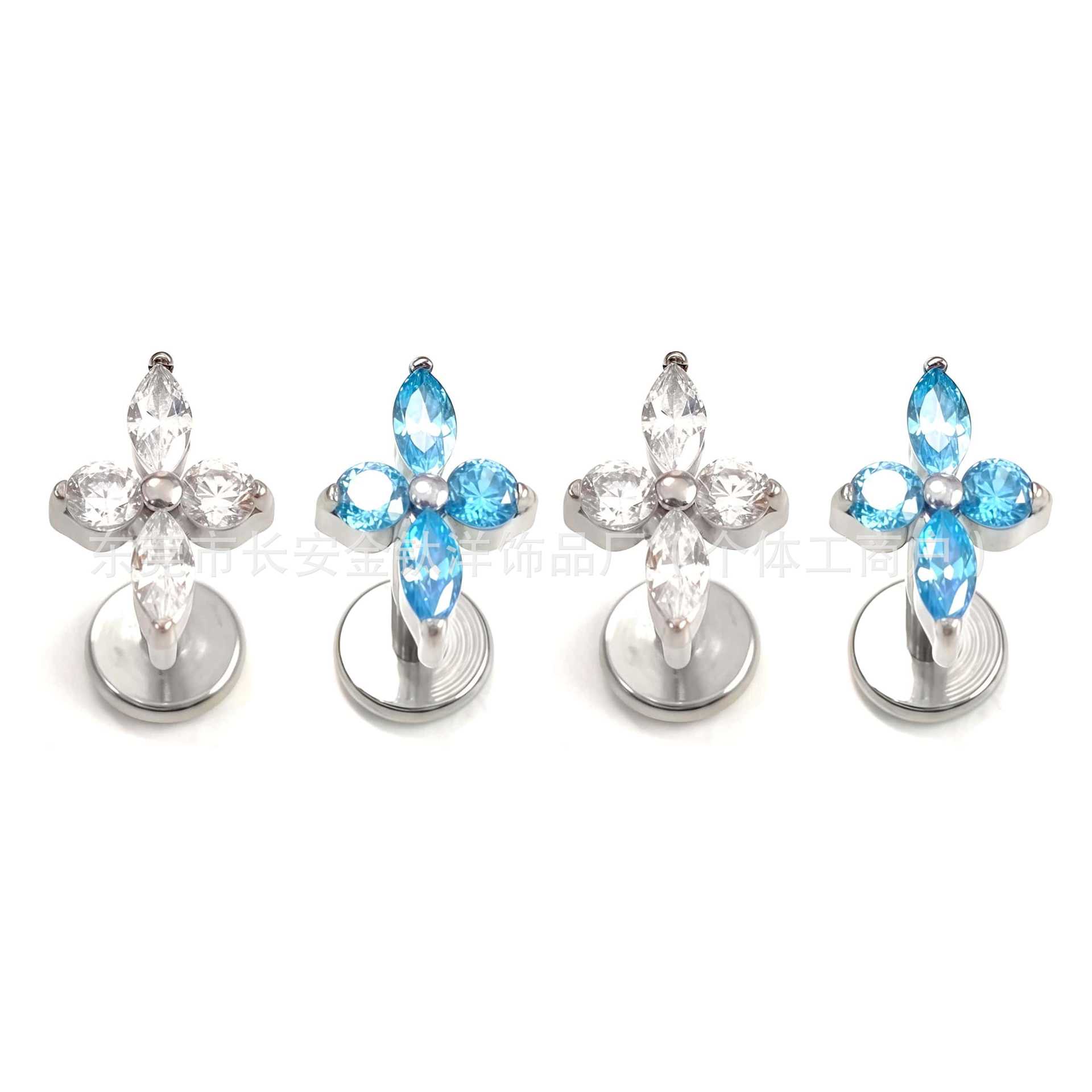 F136 Titanium Cross Four-Leaf Clover 5A Zircon Earrings Labret Studs G23 Titanium Piercing Jewelry - Image 5
