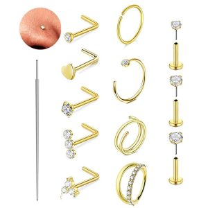 13-Piece Set Stainless Steel Nose Studs Basic Nose Rings Body Piercing Jewelry CZ Heart